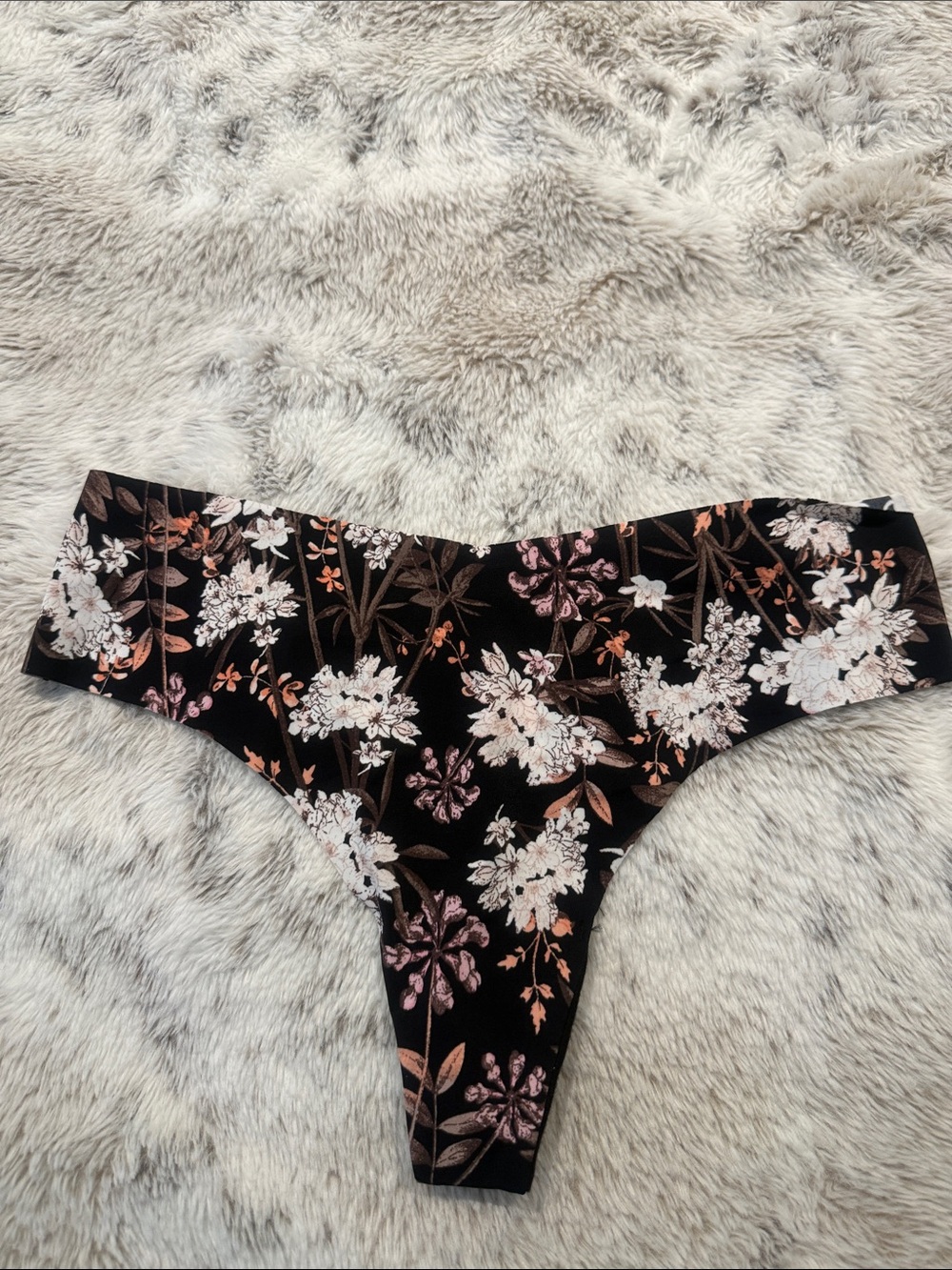 Victoria's Secret Black Floral Stretch Thong with Pink & Cream Flowers